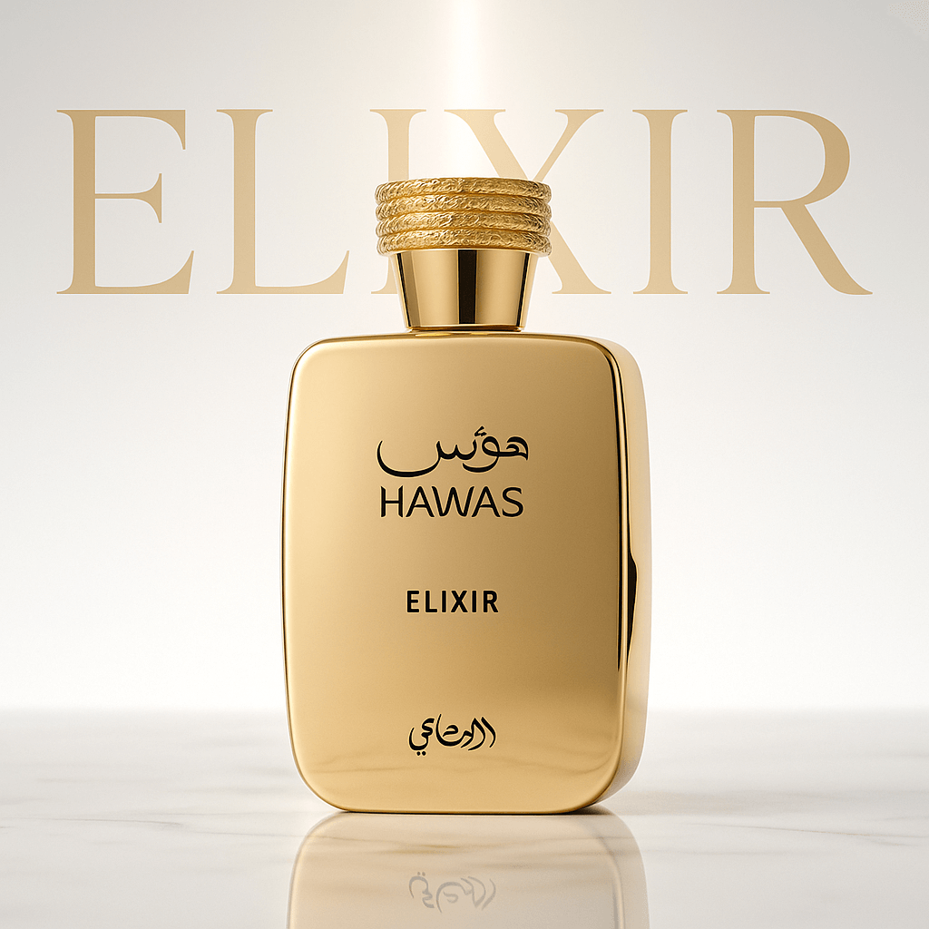 Shop Rasasi Hawas Elixir 100ml – a bold scent with mint, dark chocolate, vanilla, and white musk. Powerful, long-lasting, perfect for evenings.
