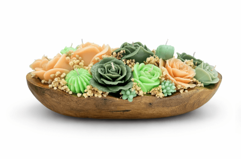 decorative organic soy wax flower candles in wooden bowl