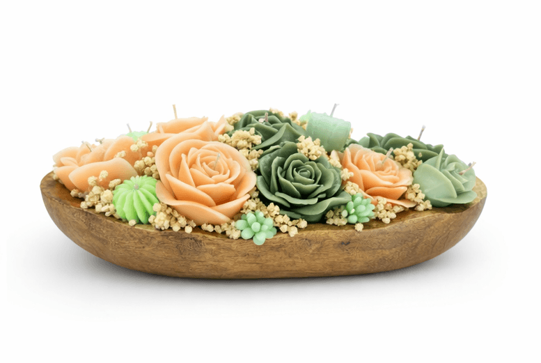 decorative organic soy wax flower candles in wooden bowl