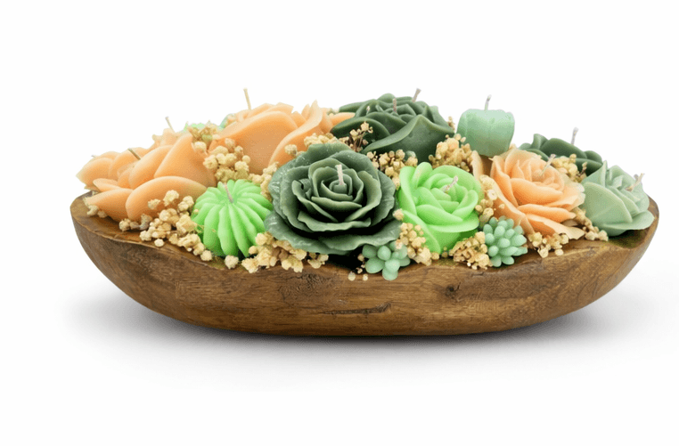 handmade floral soy candle centerpiece in rustic wooden bowl