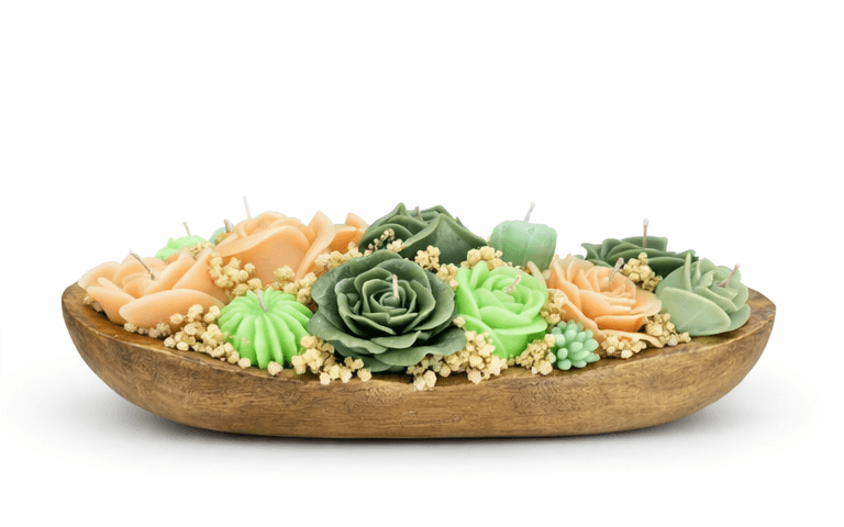 handmade floral soy candle centerpiece in rustic wooden bowl