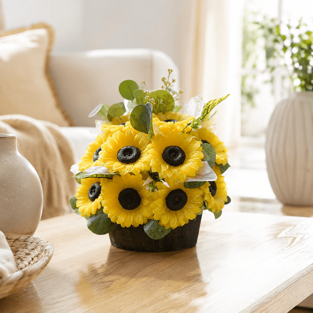 Handmade scented yellow sunflower candle bouquet with green foliage and plastic base