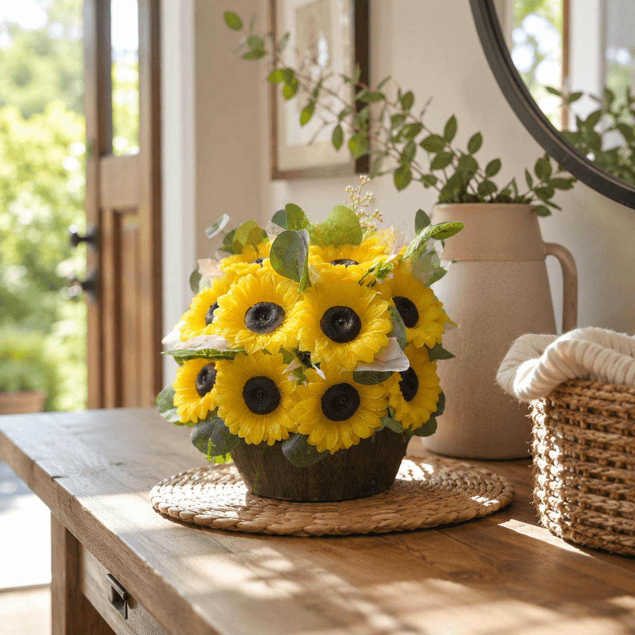 Handmade scented yellow sunflower candle bouquet with green foliage and plastic base