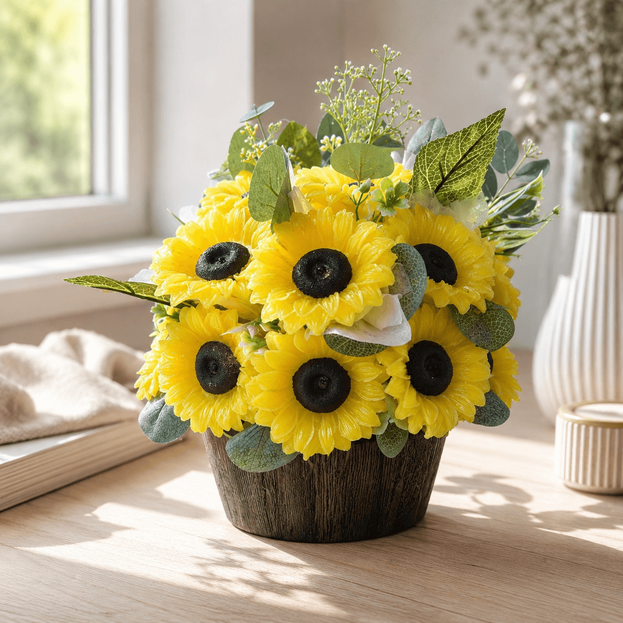 Handmade scented yellow sunflower candle bouquet with green foliage and plastic base