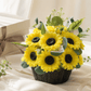 Handmade scented yellow sunflower candle bouquet with green foliage and plastic base
