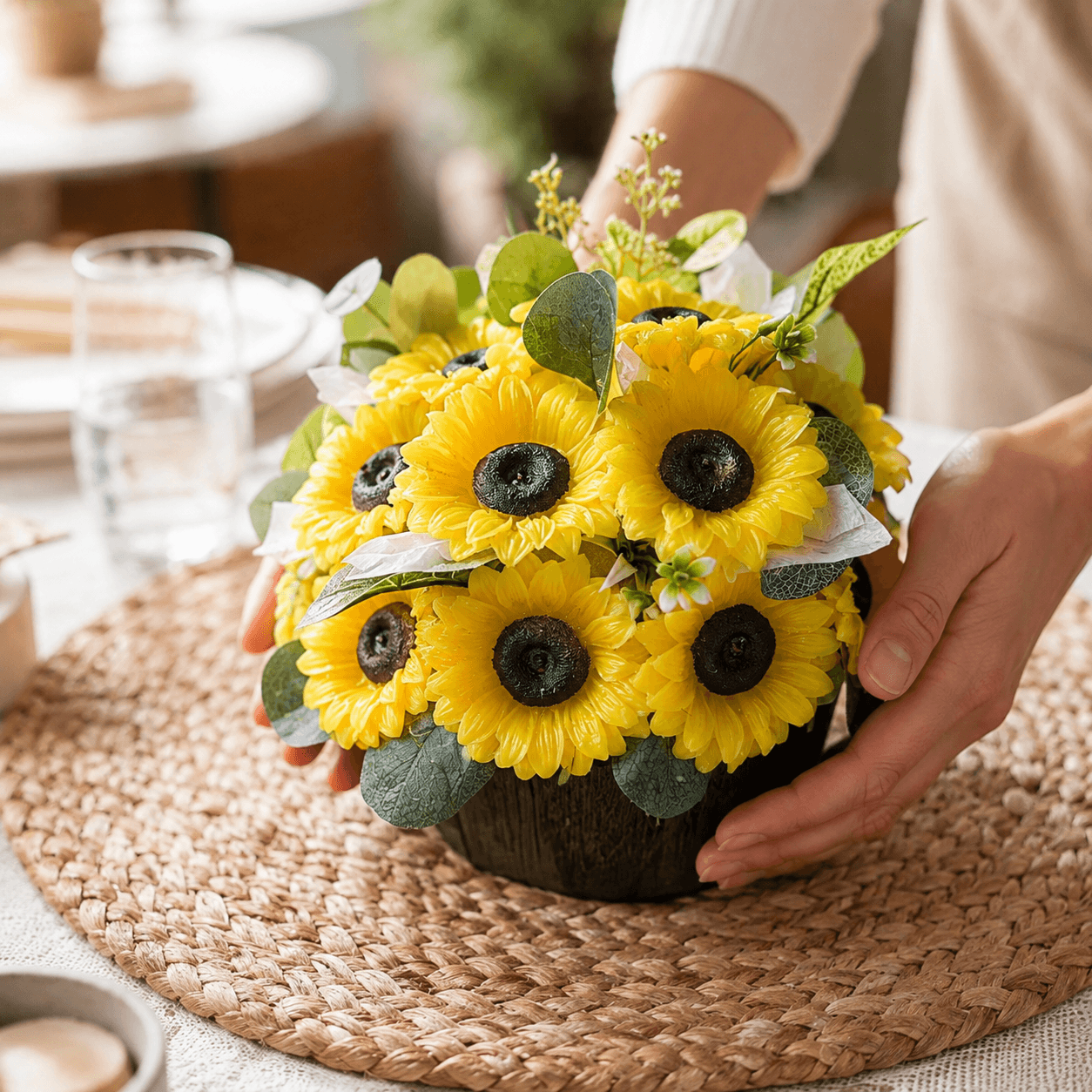 Handmade scented yellow sunflower candle bouquet with green foliage and plastic base