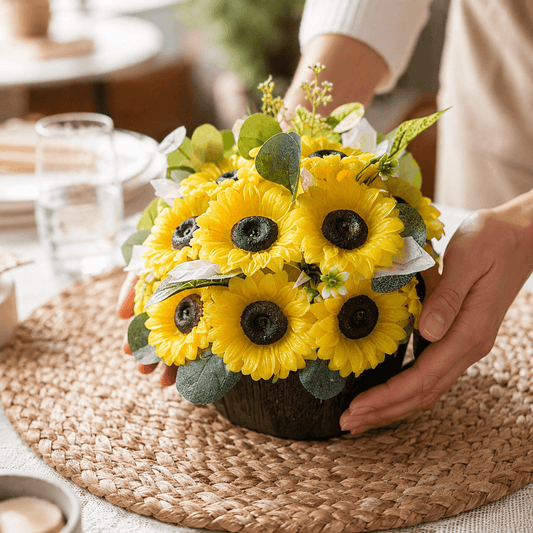 Handmade scented yellow sunflower candle bouquet with green foliage and plastic base