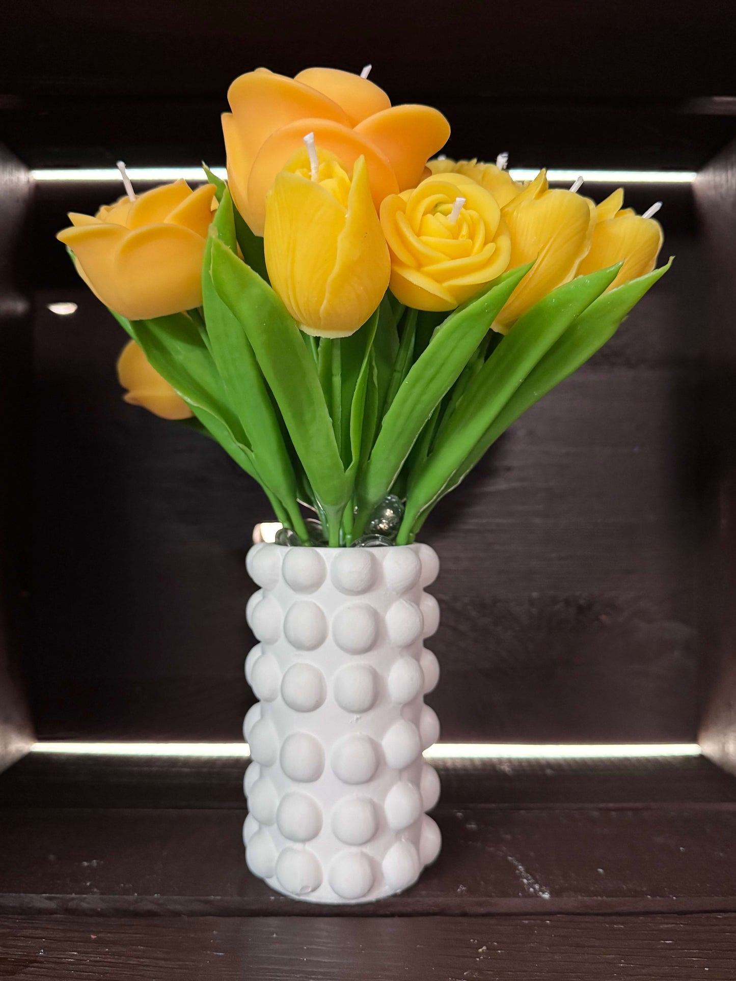 handmade yellow flower soy candle bouquet in white ceramic vase decorative arrangement