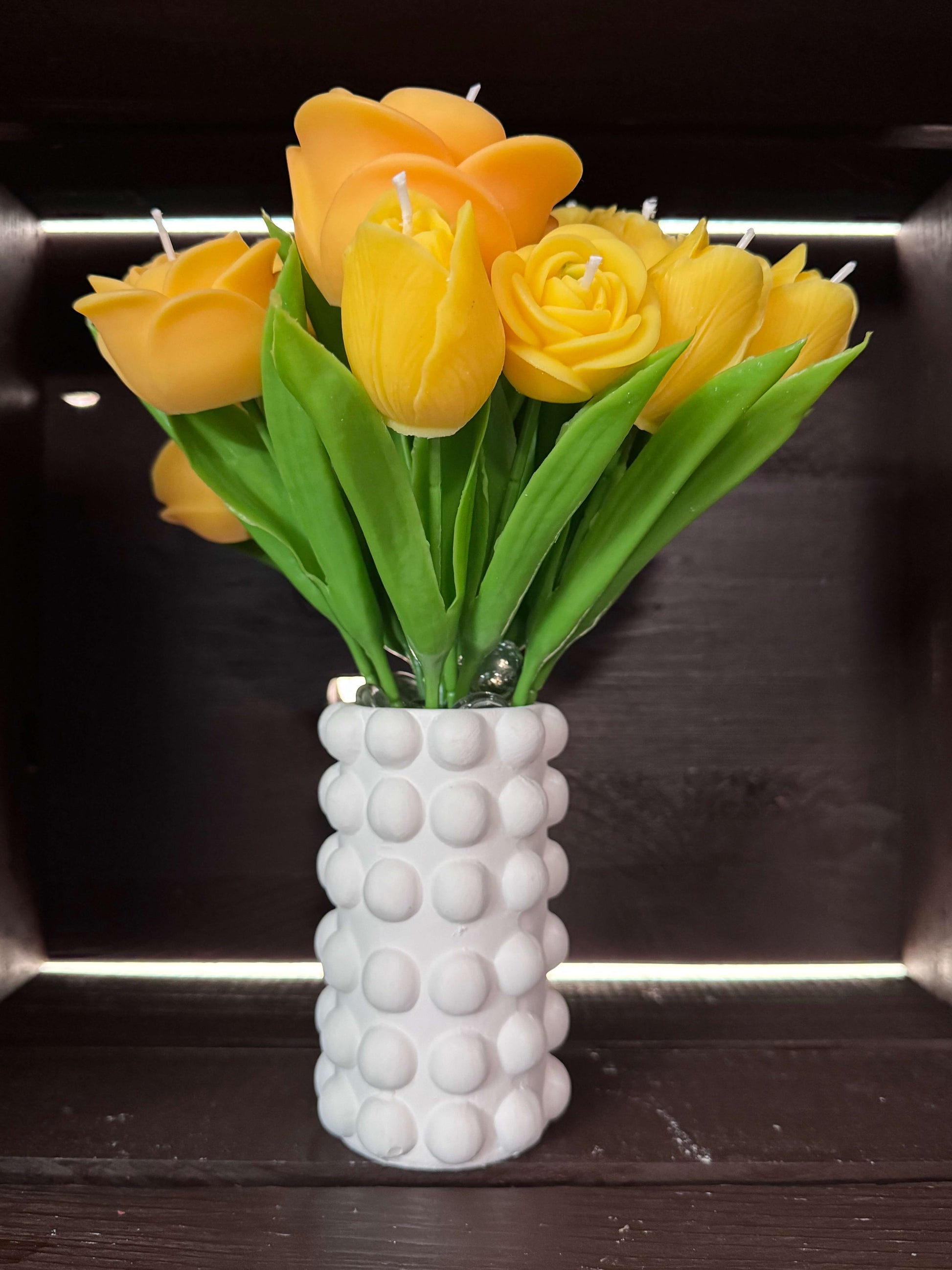 handmade yellow flower soy candle bouquet in white ceramic vase decorative arrangement