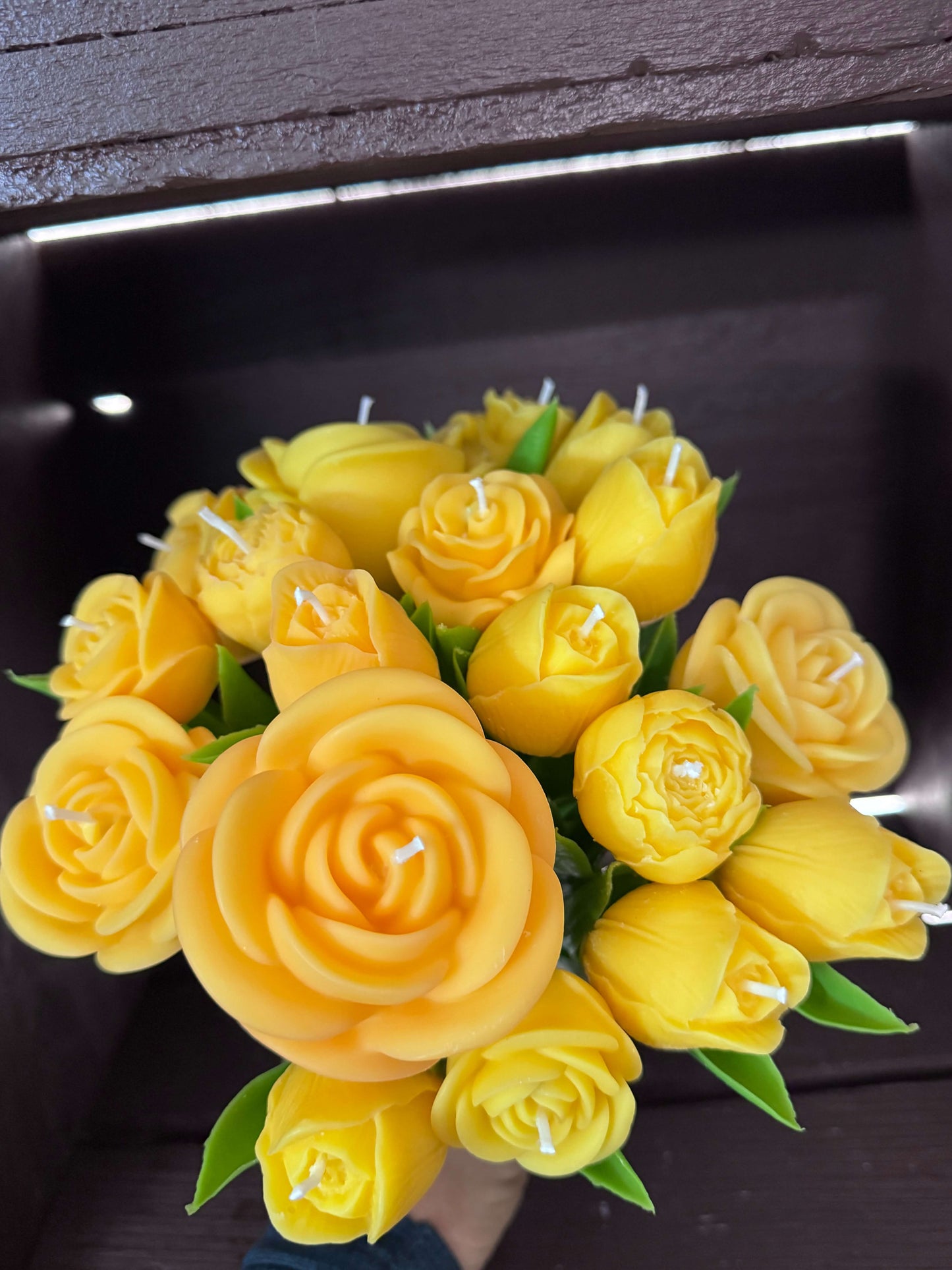 handmade yellow flower soy candle bouquet in white ceramic vase decorative arrangement