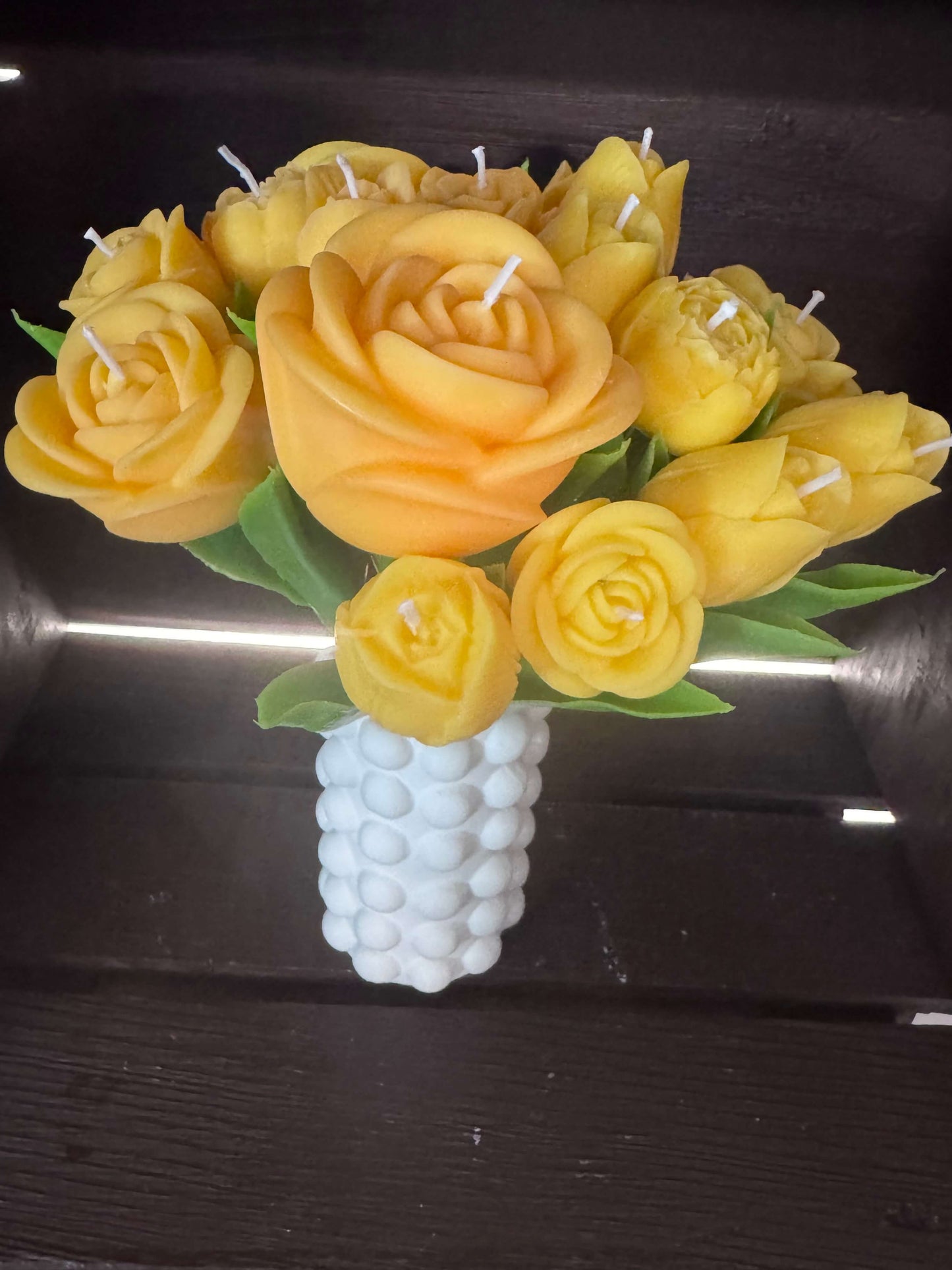 handmade yellow flower soy candle bouquet in white ceramic vase decorative arrangement