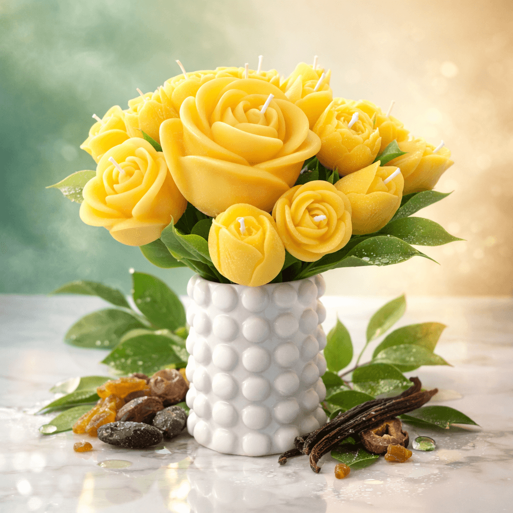 handmade yellow flower soy candle bouquet in white ceramic vase decorative arrangement