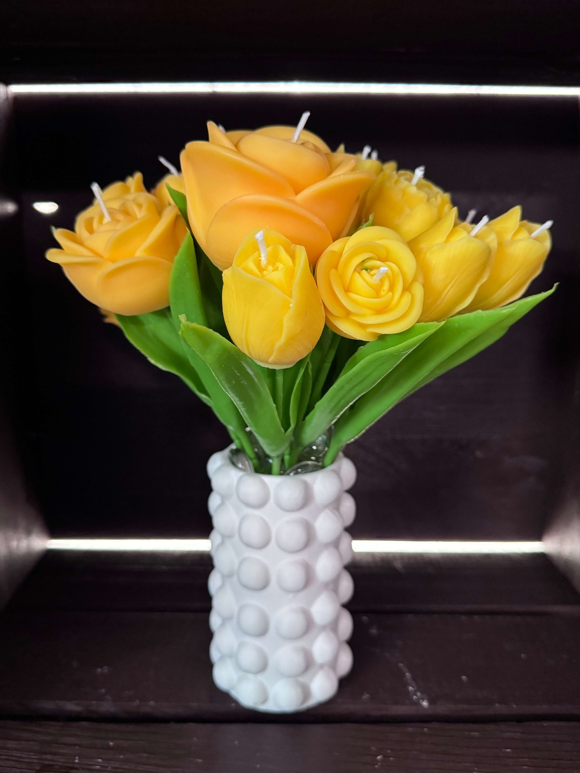 handmade yellow flower soy candle bouquet in white ceramic vase decorative arrangement