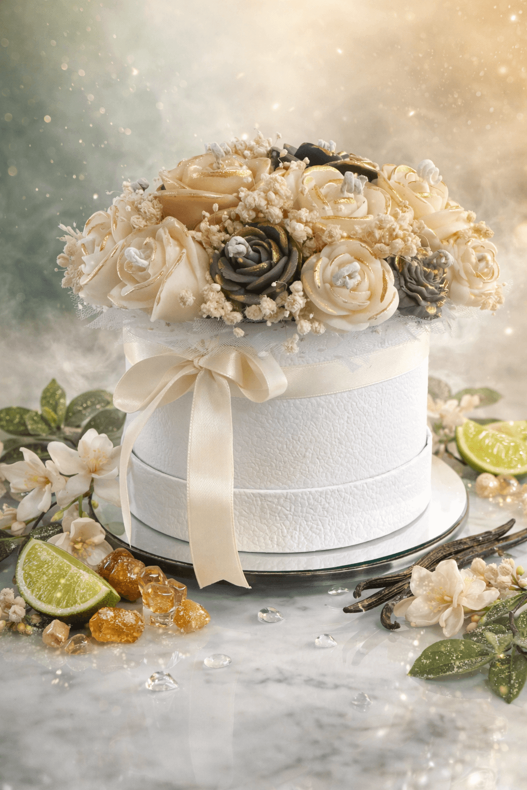 Handmade luxury flower candle bouquet with vanilla floral scent in decorative box