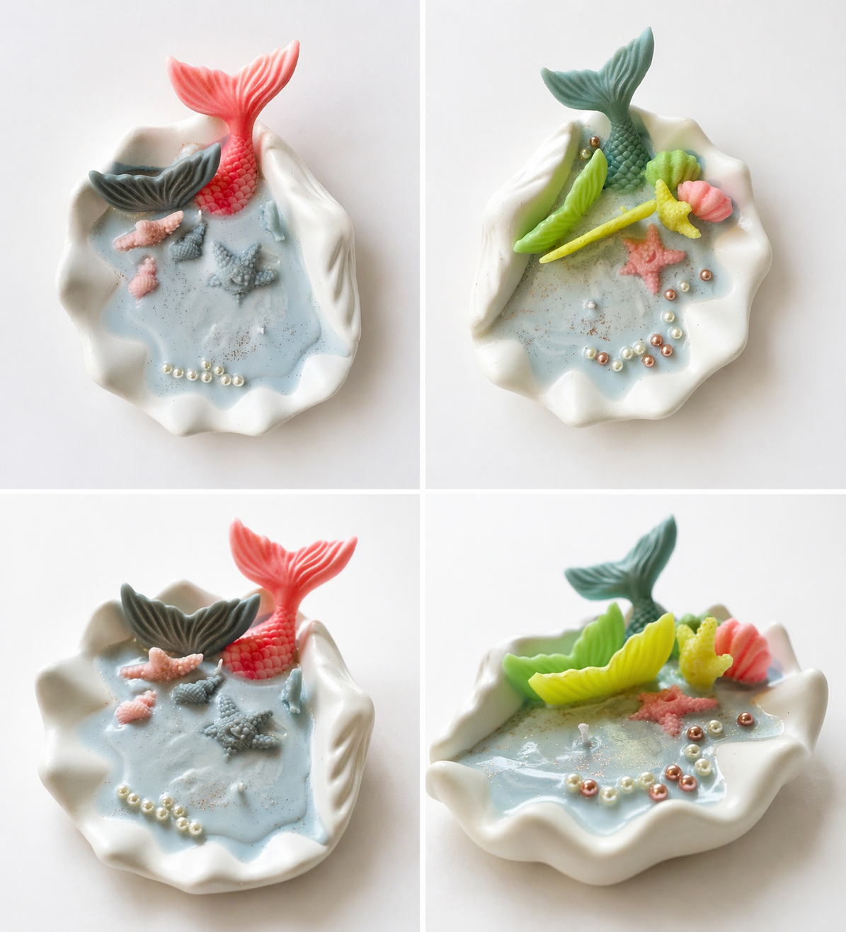 Handmade ocean shell candle with mermaid tail and marine decorations in ceramic base