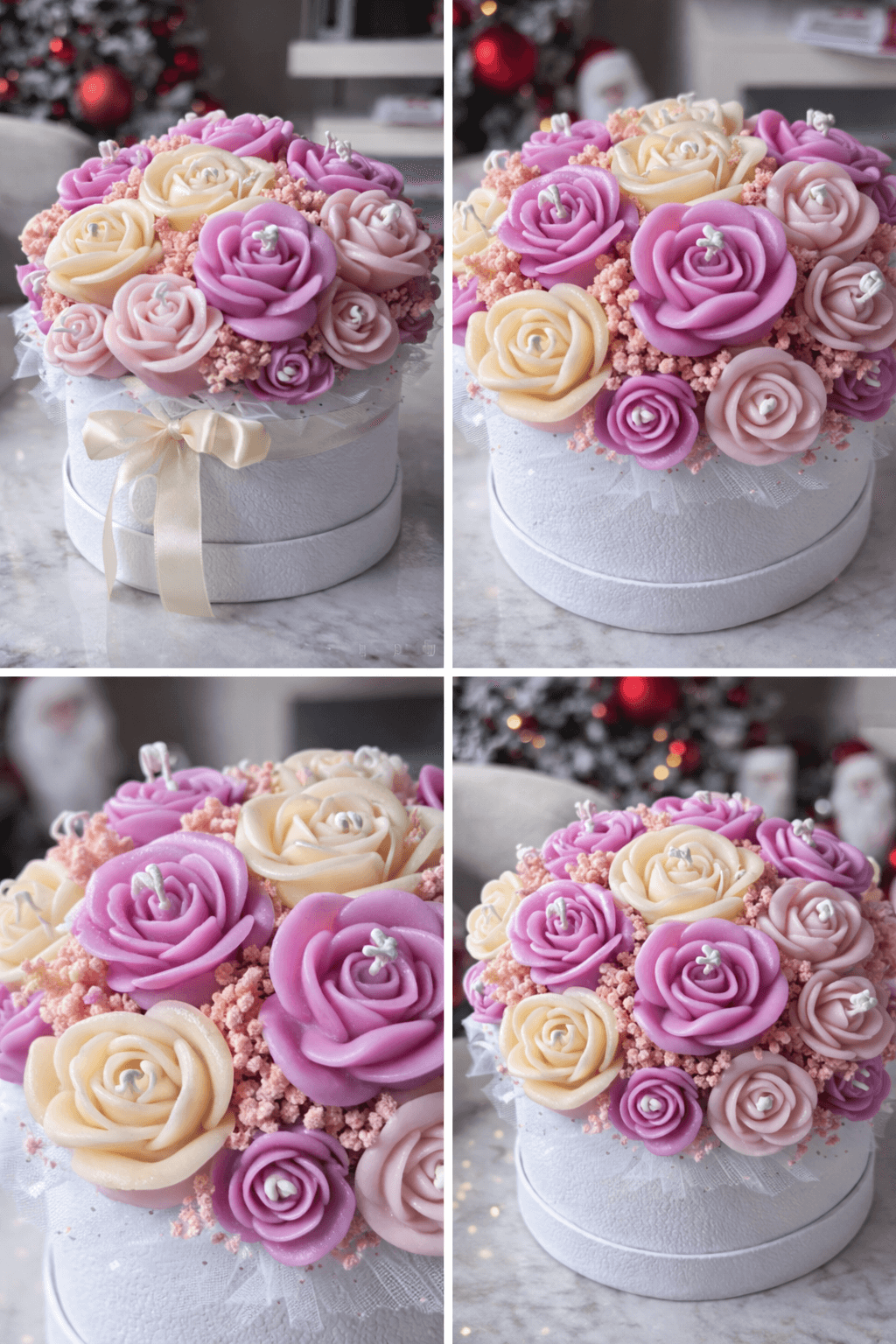 Handmade rose bouquet candle in pink and cream colors decorative floral candle