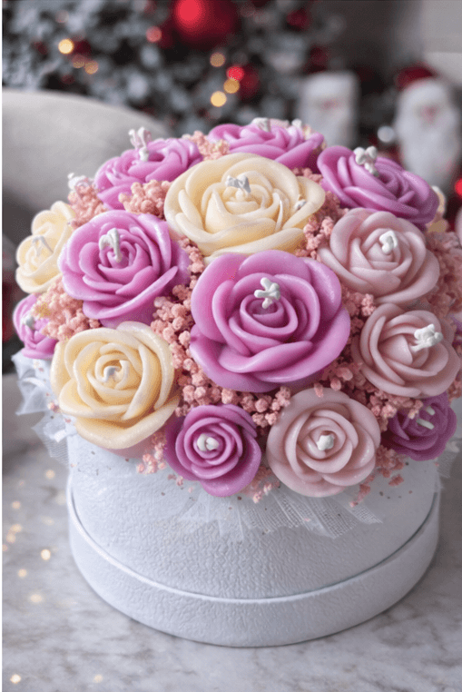 Handmade rose bouquet candle in pink and cream colors decorative floral candle