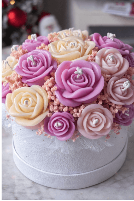 Handmade rose bouquet candle in pink and cream colors decorative floral candle