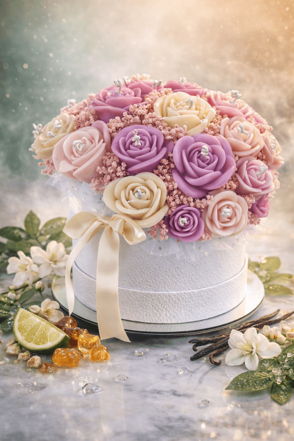 Handmade rose bouquet candle in pink and cream colors decorative floral candle