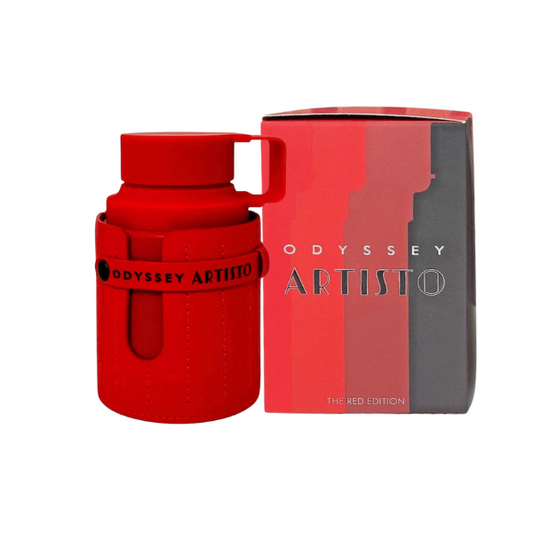 Red mug with Odyssey Artisto branding next to its packaging on a white background