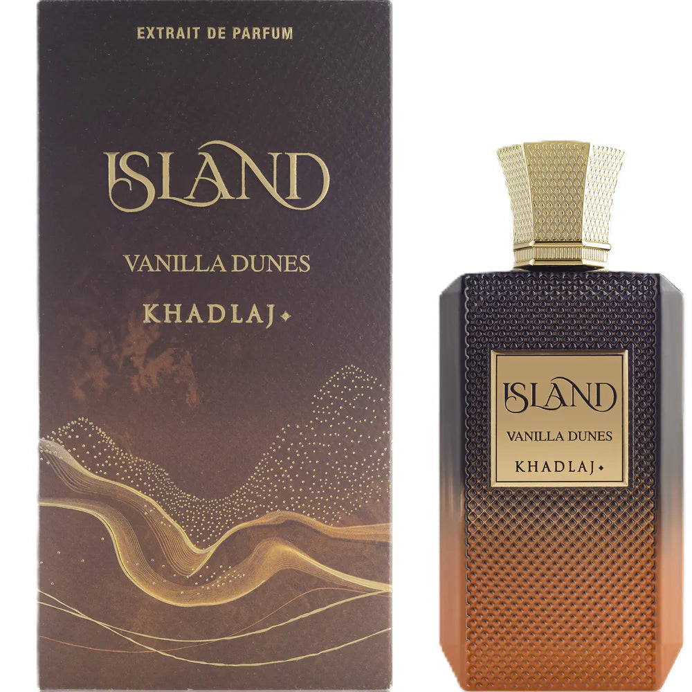 Khadlaj Island Vanilla Dunes Extrait de Parfum 100ml unisex vanilla amber fragrance bottle and box