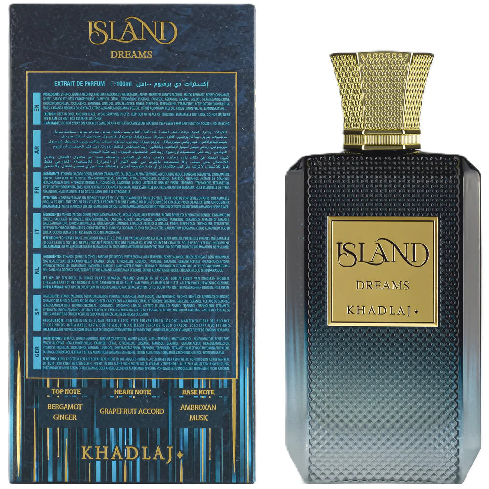 Khadlaj Island Dreams Extrait de Parfum 100ml unisex fragrance bergamot ginger grapefruit ambroxan musk