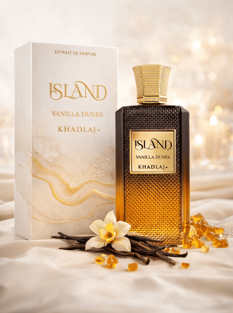 Khadlaj Island Vanilla Dunes Extrait de Parfum 100ml unisex vanilla amber fragrance bottle and box