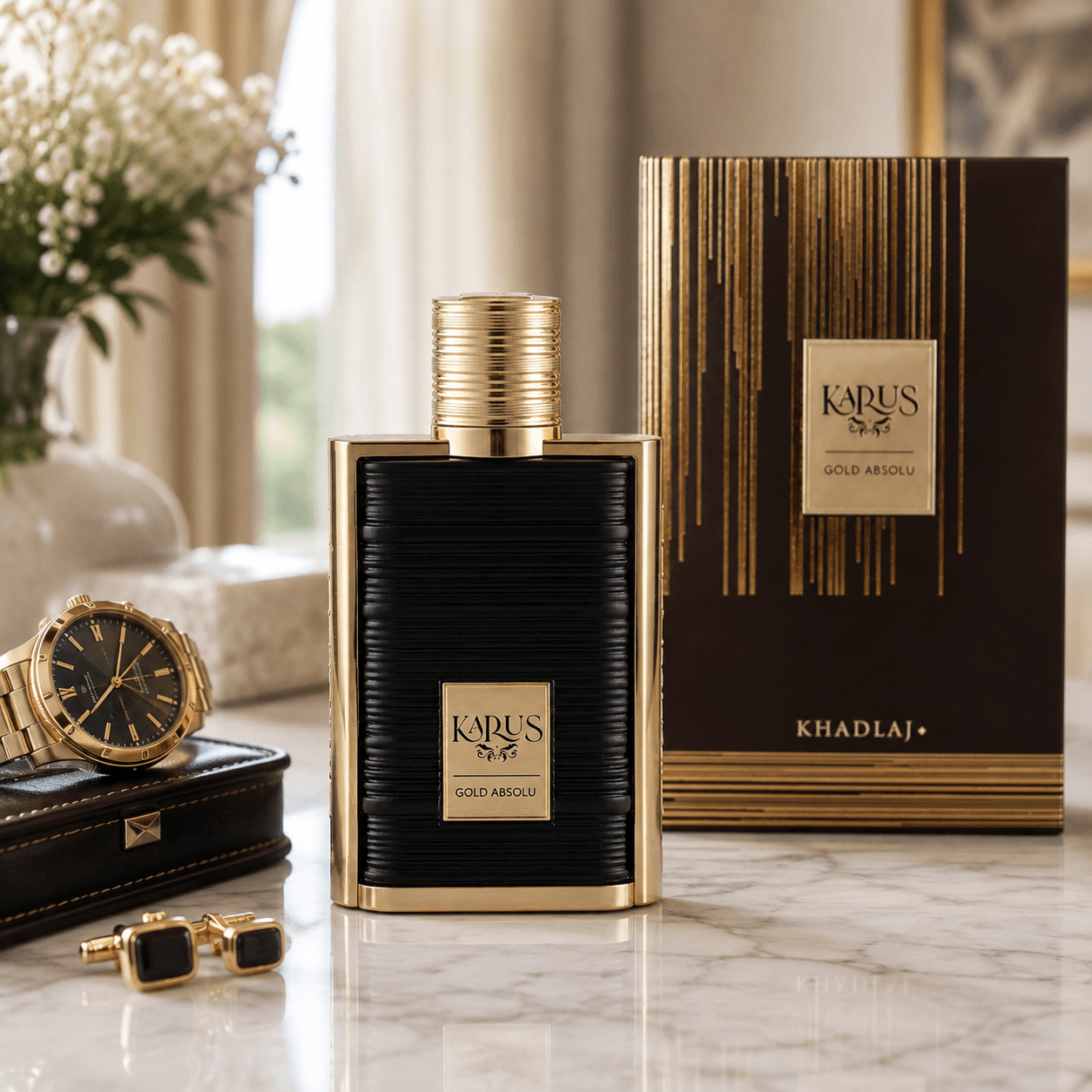 Khadlaj Karus Gold Absolu Eau de Parfum 100 ml bottle and box for unisex