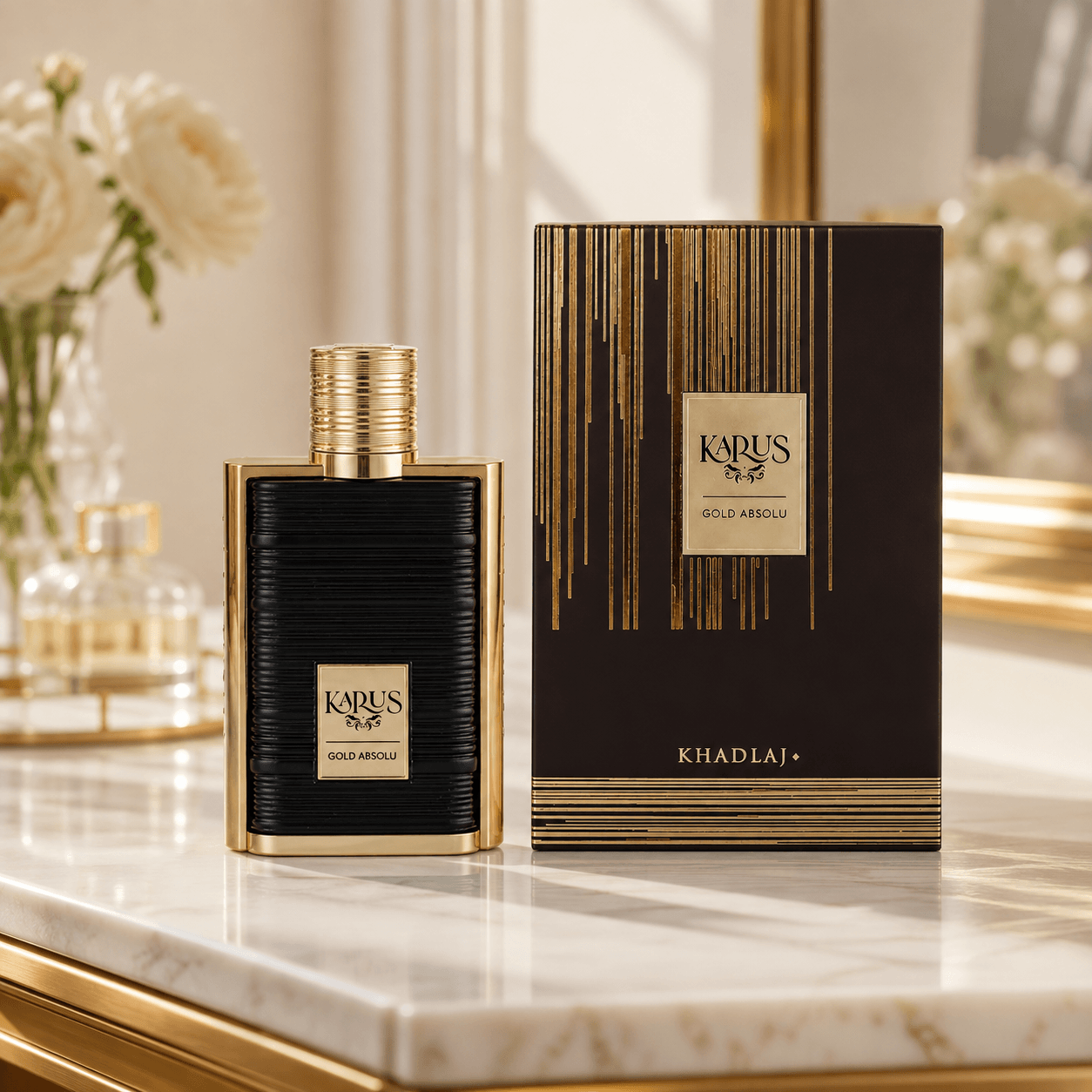 Khadlaj Karus Gold Absolu Eau de Parfum 100 ml bottle and box for unisex