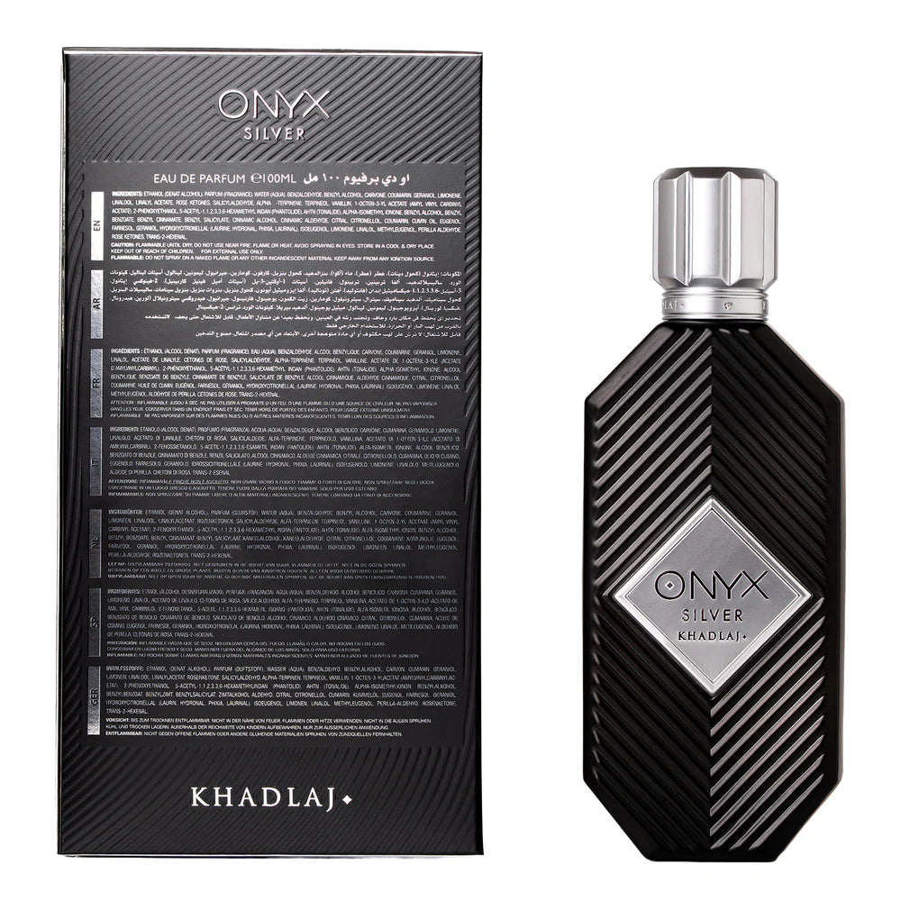 Khadlaj Onyx Silver Eau de Parfum 100ml black bottle with silver cap and matching box