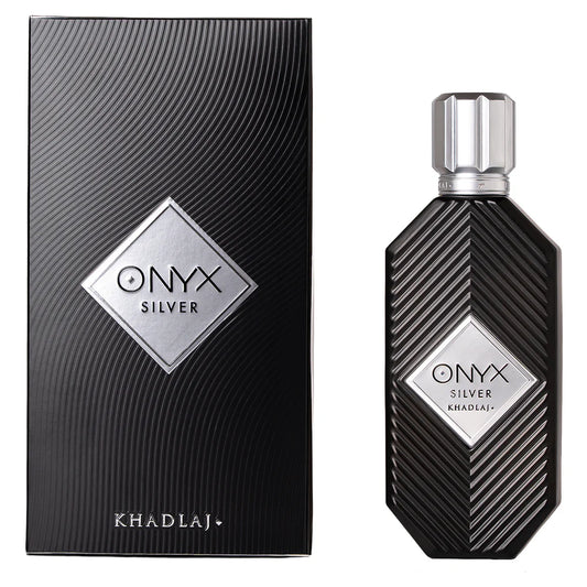 Khadlaj Onyx Silver Eau de Parfum 100ml black bottle with silver cap and matching box