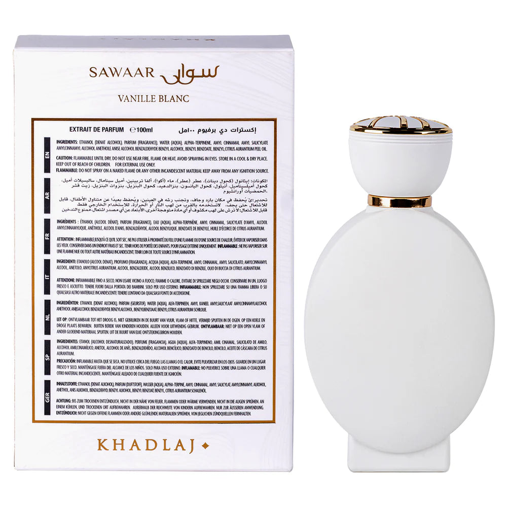 Khadlaj Sawaar Vanille Blanc Extrait de Parfum 100ml bottle and box