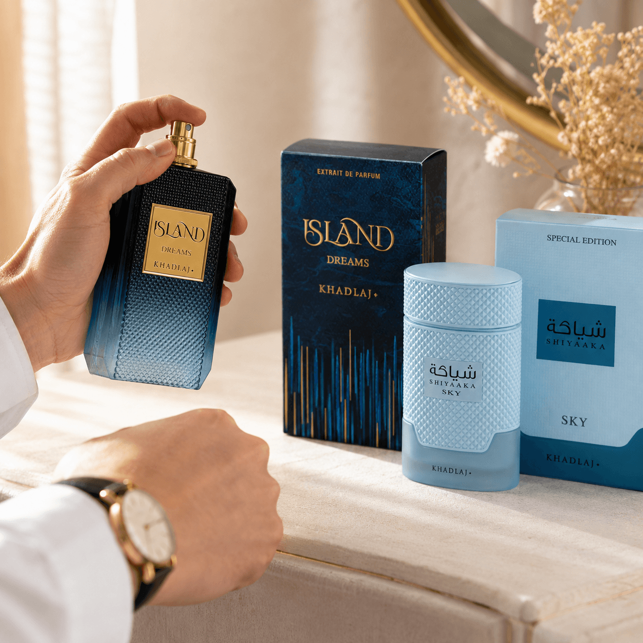 Khadlaj Shiyaaka Sky and Island Dreams two-piece fragrance bundle with 100 ml bottles and boxes