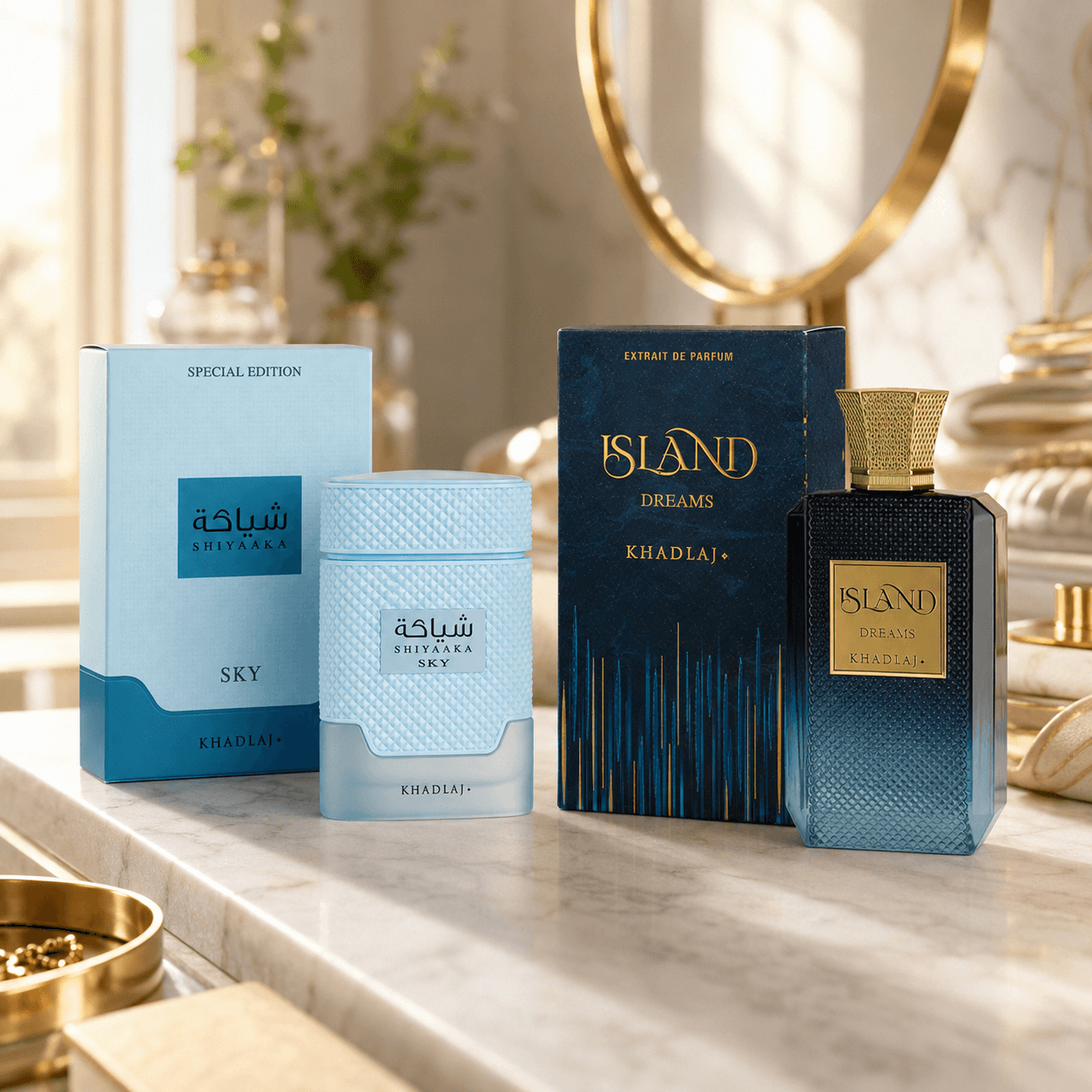 Khadlaj Shiyaaka Sky and Island Dreams two-piece fragrance bundle with 100 ml bottles and boxes
