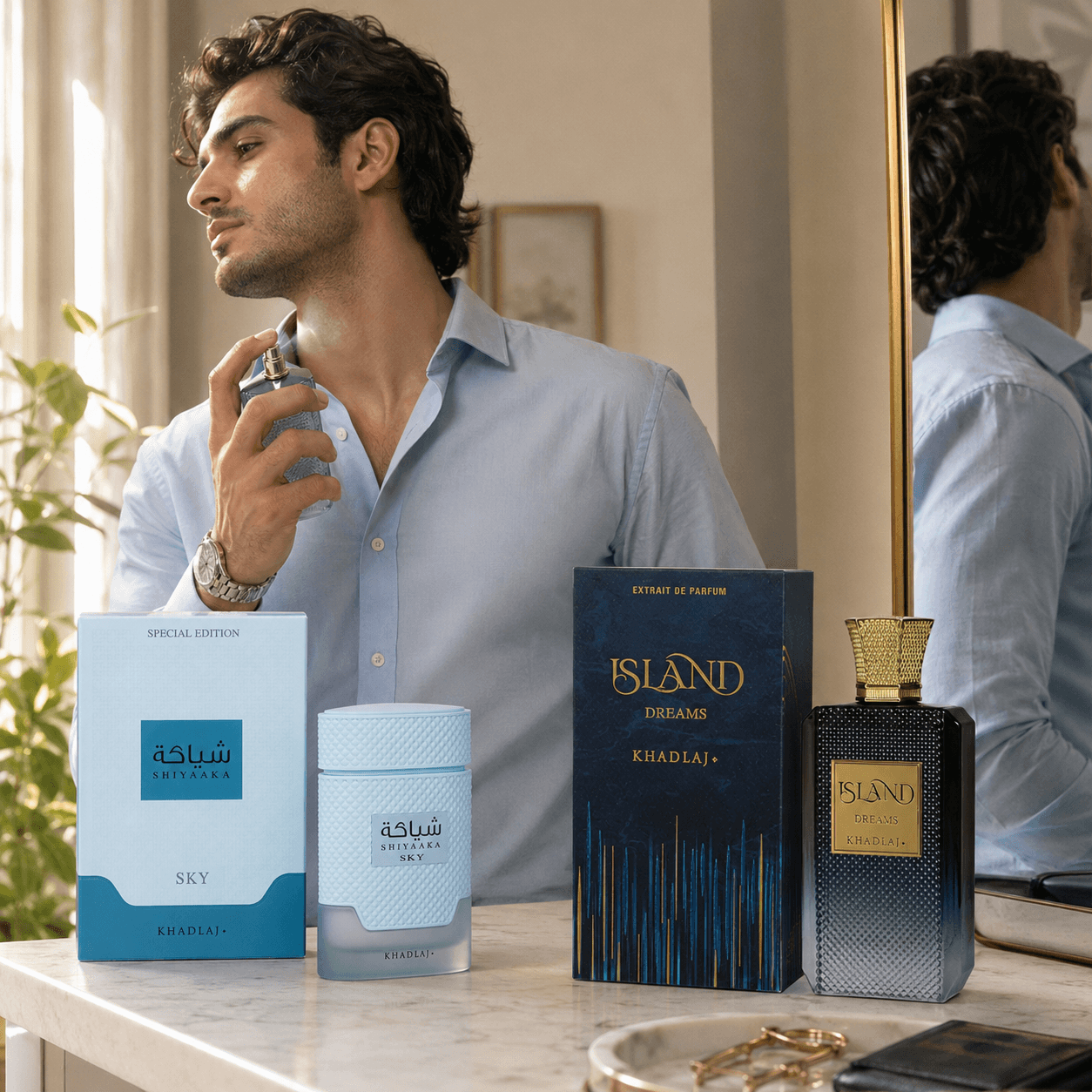 Khadlaj Shiyaaka Sky and Island Dreams two-piece fragrance bundle with 100 ml bottles and boxes