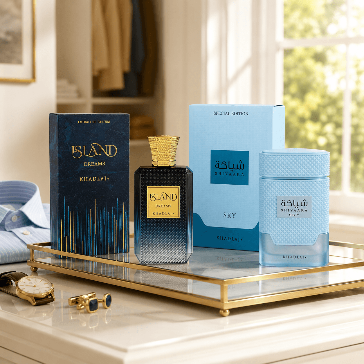 Khadlaj Shiyaaka Sky and Island Dreams two-piece fragrance bundle with 100 ml bottles and boxes