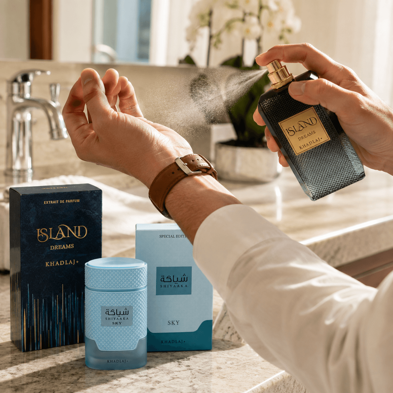 Khadlaj Shiyaaka Sky and Island Dreams two-piece fragrance bundle with 100 ml bottles and boxes