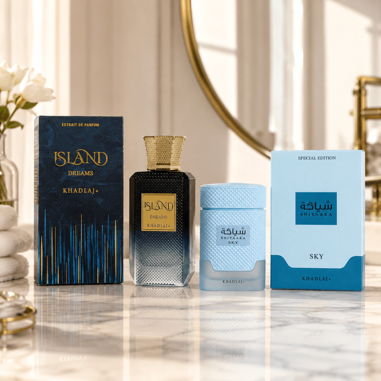 Khadlaj Shiyaaka Sky and Island Dreams two-piece fragrance bundle with 100 ml bottles and boxes