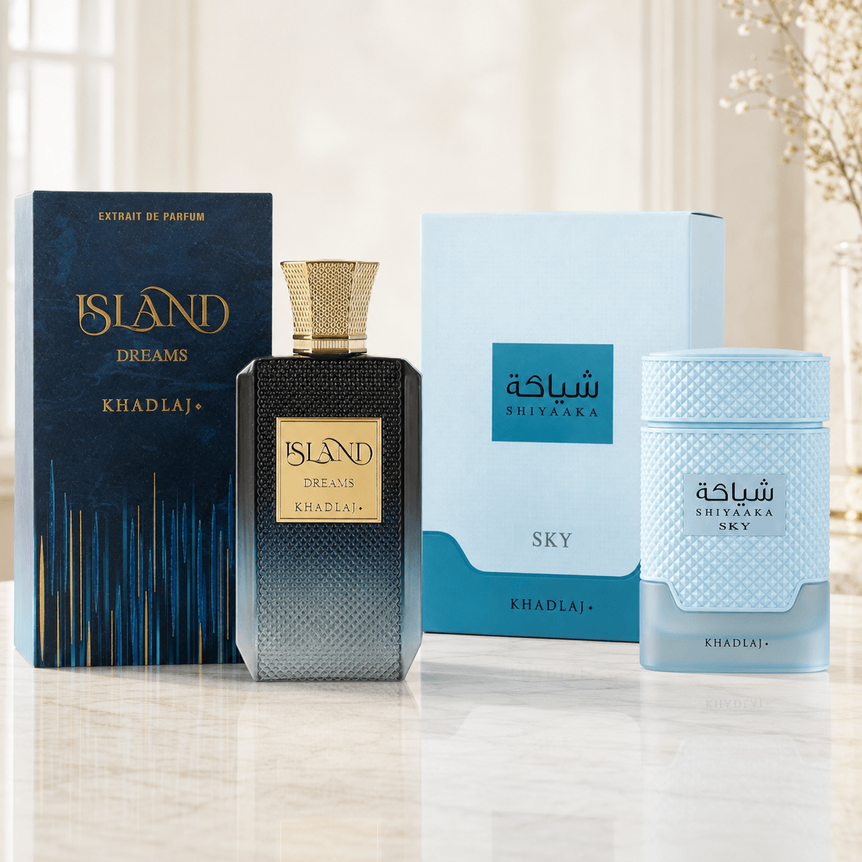 Khadlaj Shiyaaka Sky and Island Dreams two-piece fragrance bundle with 100 ml bottles and boxes
