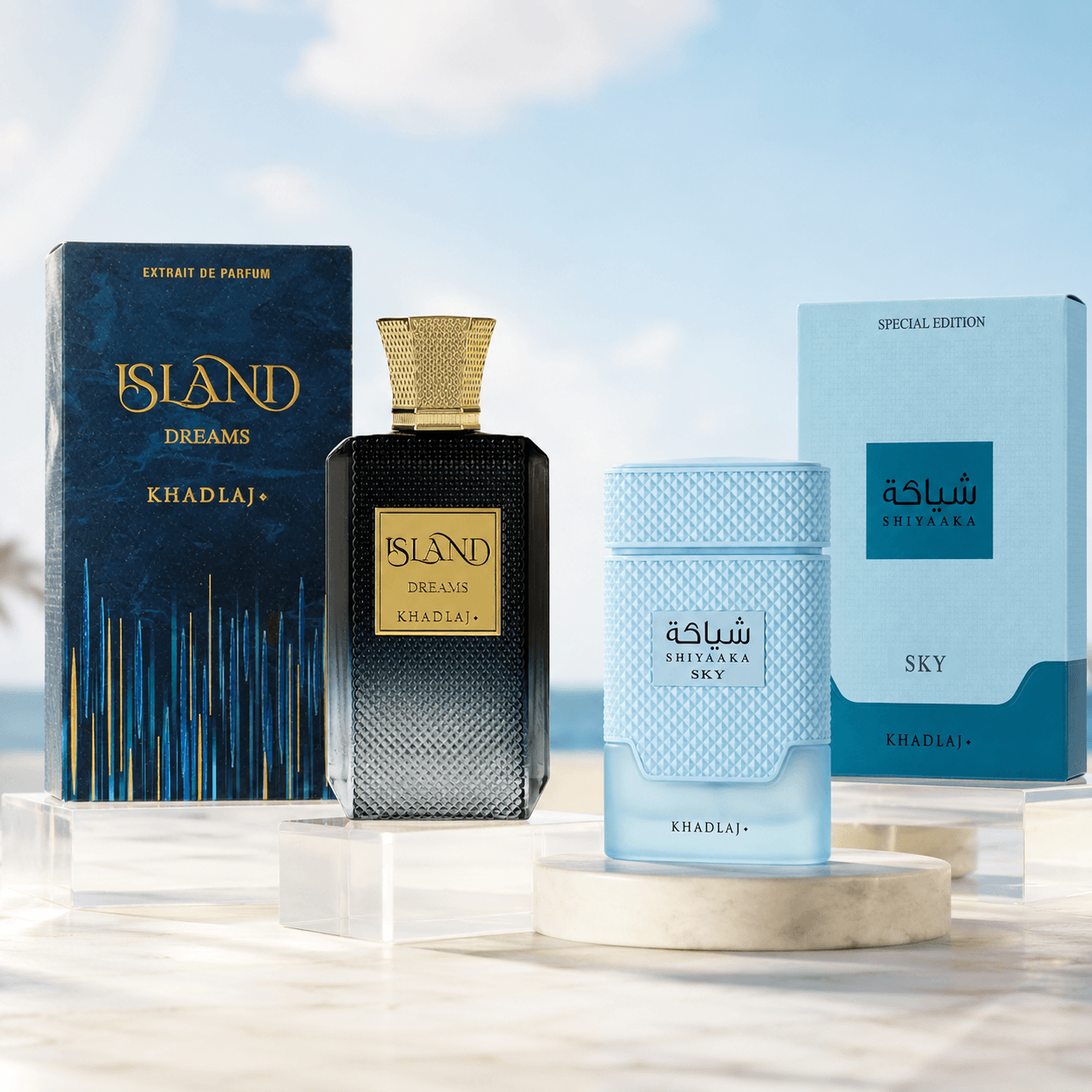 Khadlaj Shiyaaka Sky and Island Dreams two-piece fragrance bundle with 100 ml bottles and boxes