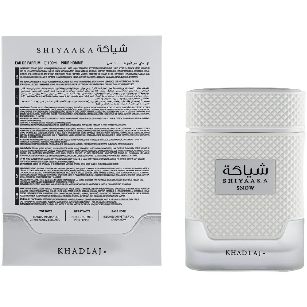 Khadlaj Shiyaaka Snow Special Edition Eau de Parfum for Men 100ml bottle and box