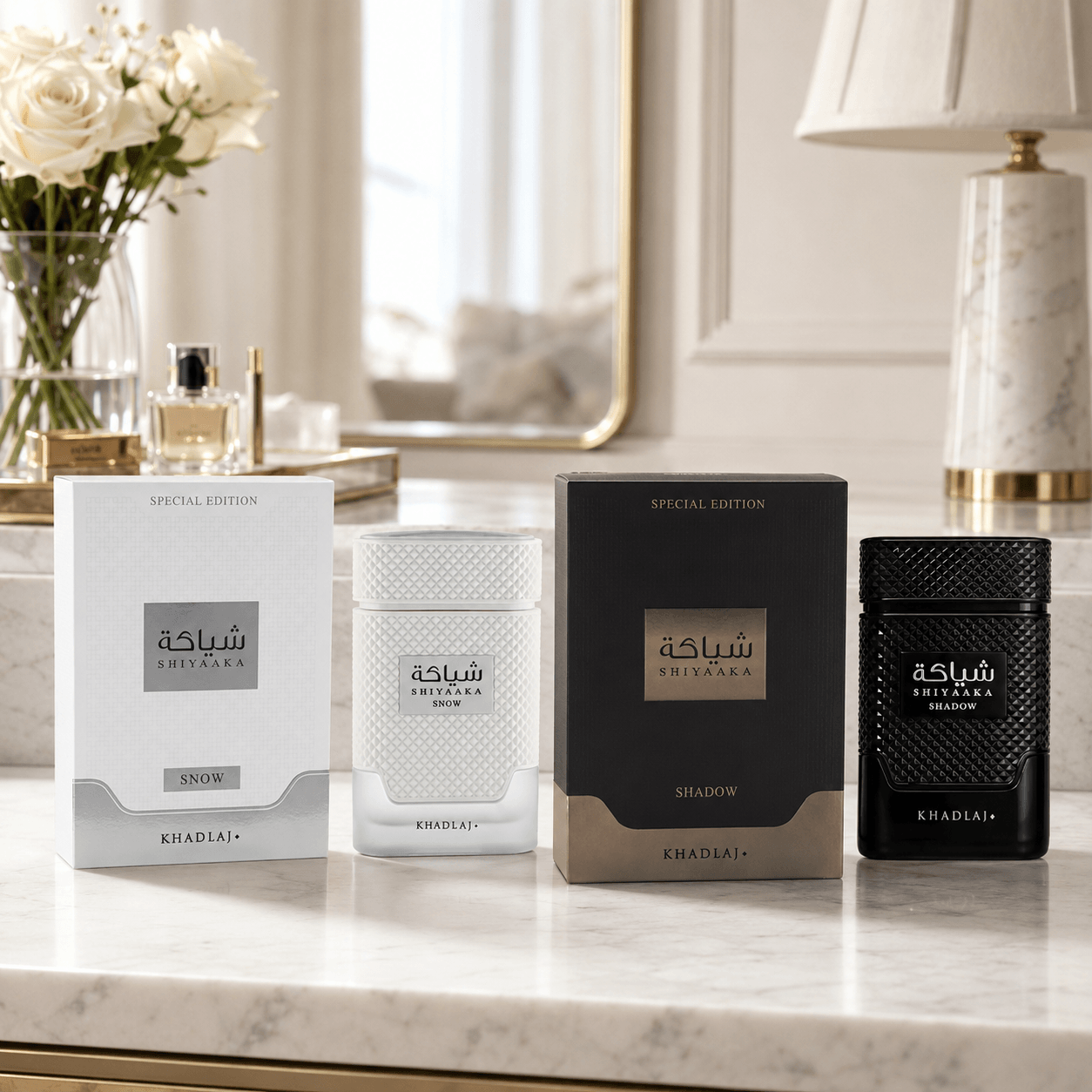 Khadlaj Shiyaaka Snow and Shadow Eau de Parfum bundle with two 100 ml bottles and boxes