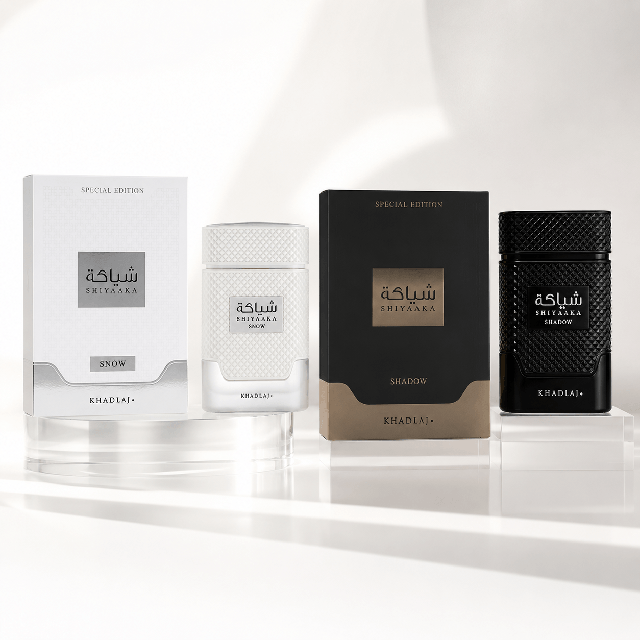 Khadlaj Shiyaaka Snow and Shadow Eau de Parfum bundle with two 100 ml bottles and boxes
