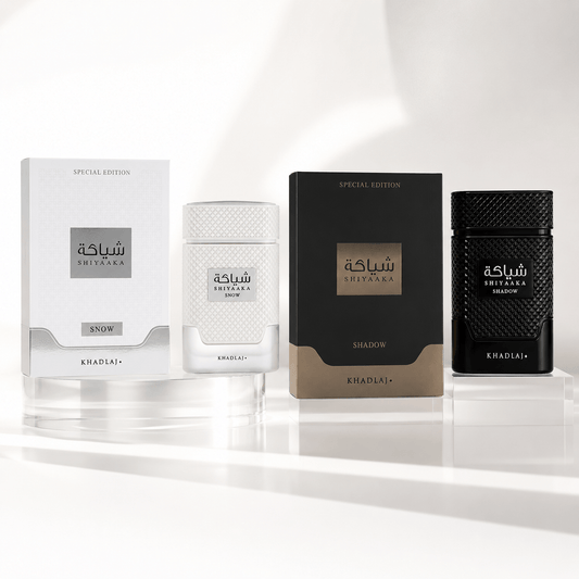 Khadlaj Shiyaaka Snow and Shadow Eau de Parfum bundle with two 100 ml bottles and boxes