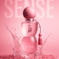 Pink perfume bottle with 'Sense' branding on a pink background