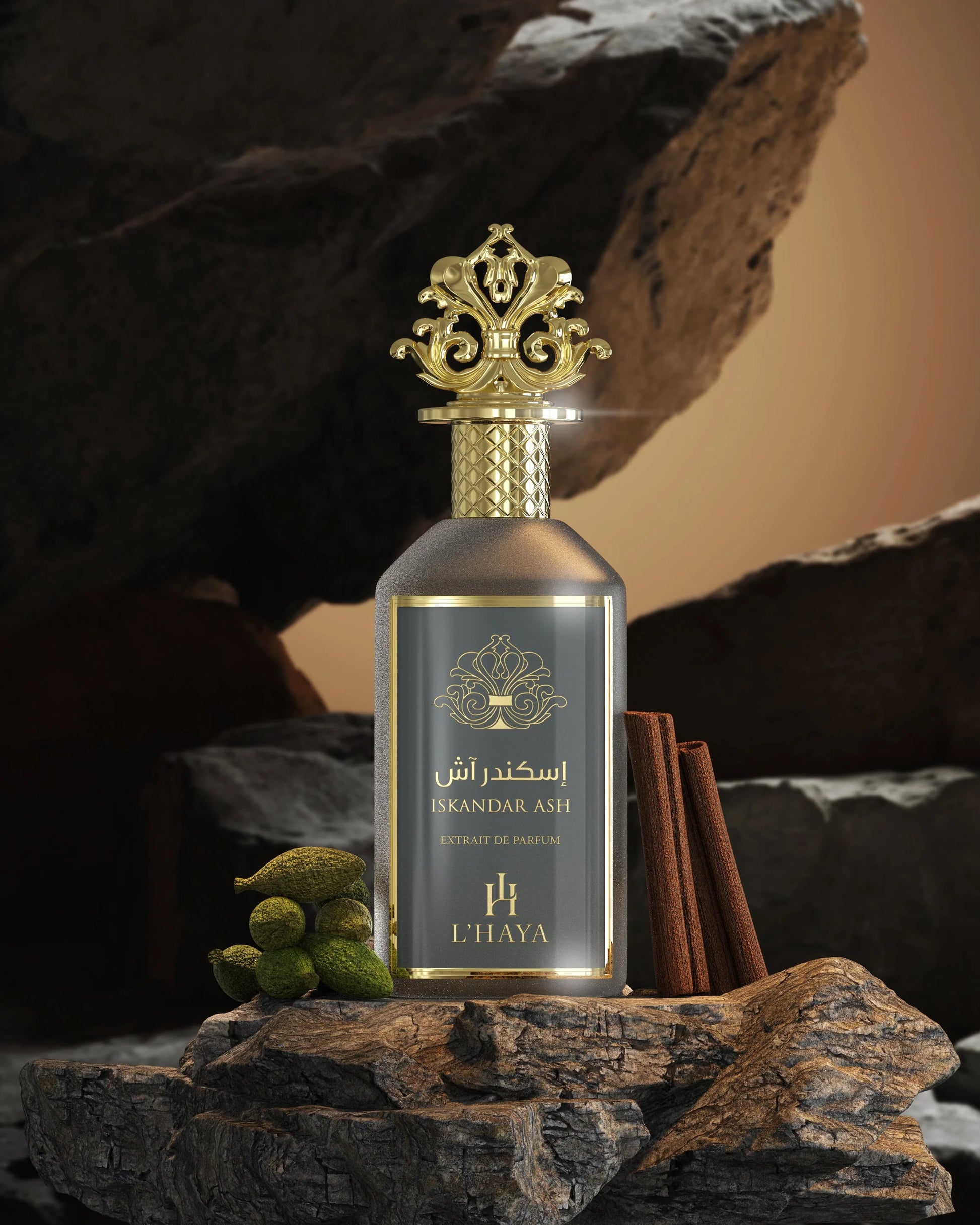 L’HAYA Iskander Ash Extrait de Parfum 3.4 oz – unisex spice vanilla fragrance bottle on white background
