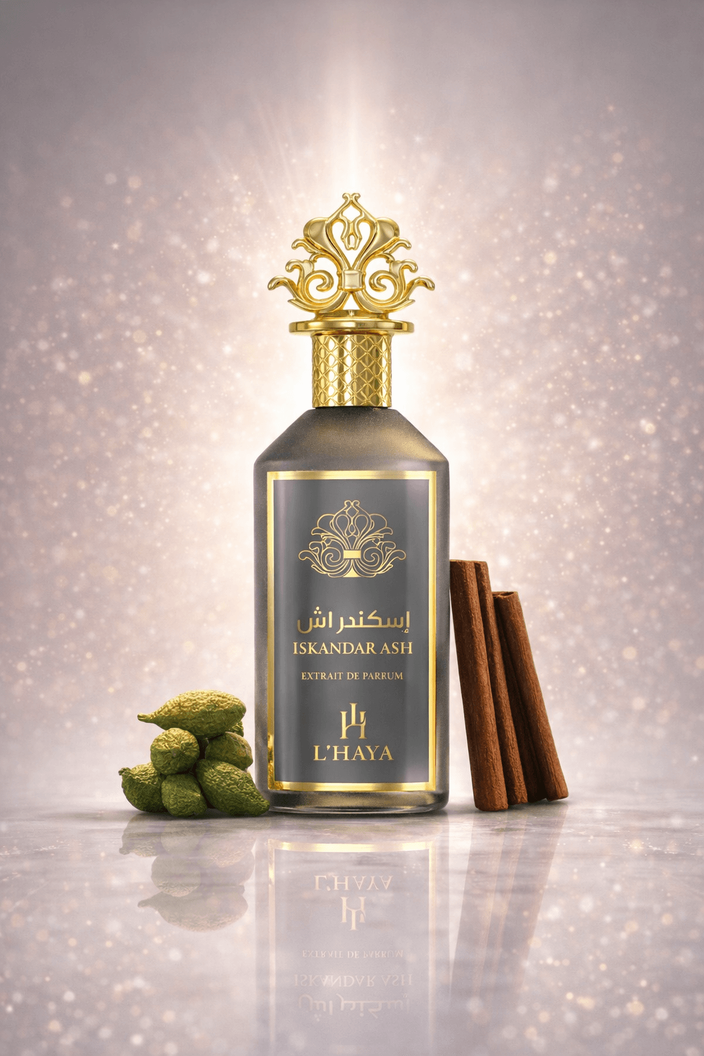 L’HAYA Iskander Ash Extrait de Parfum 3.4 oz – unisex spice vanilla fragrance bottle on white background
