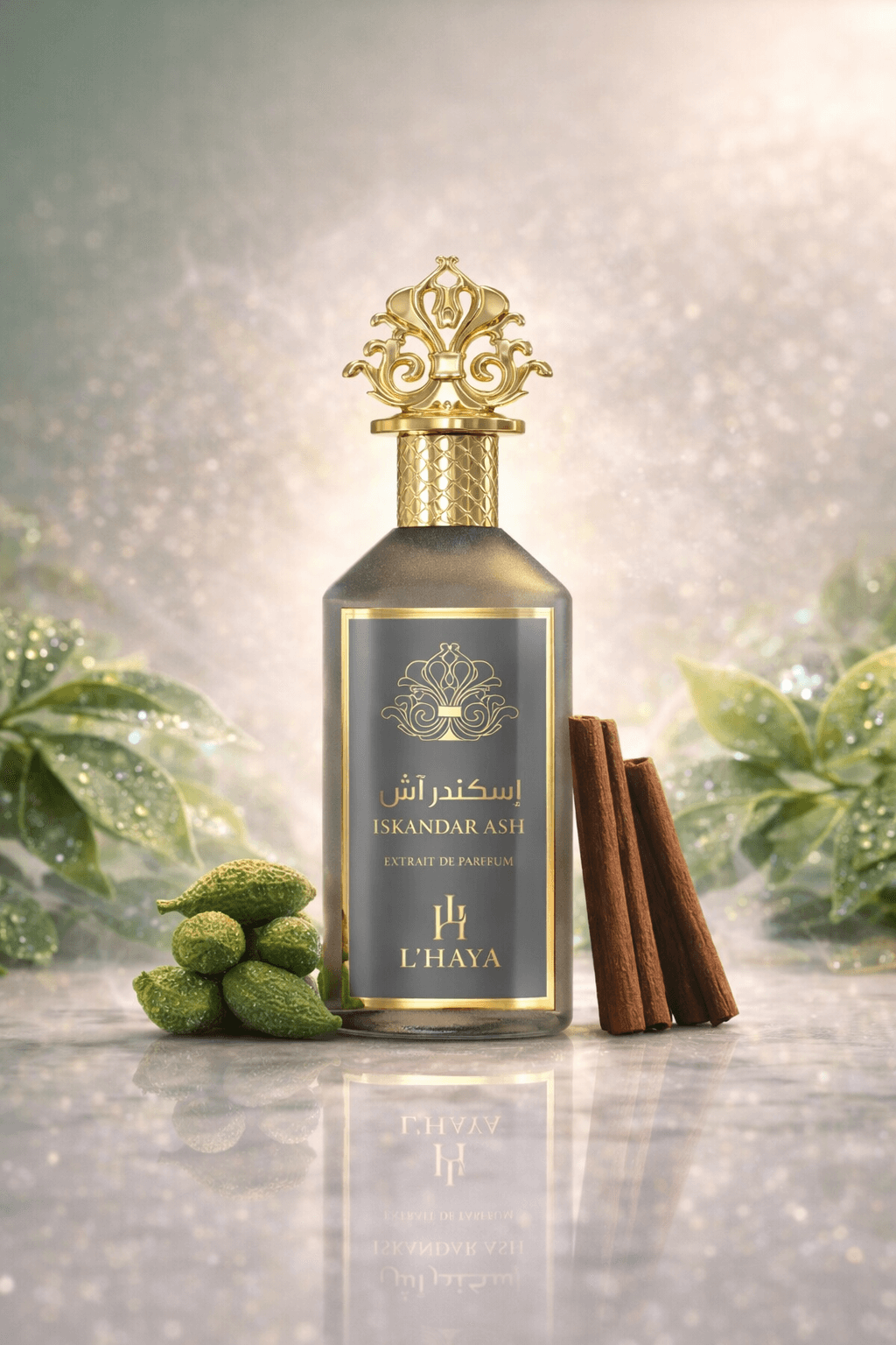 L’HAYA Iskander Ash Extrait de Parfum 3.4 oz – unisex spice vanilla fragrance bottle on white background
