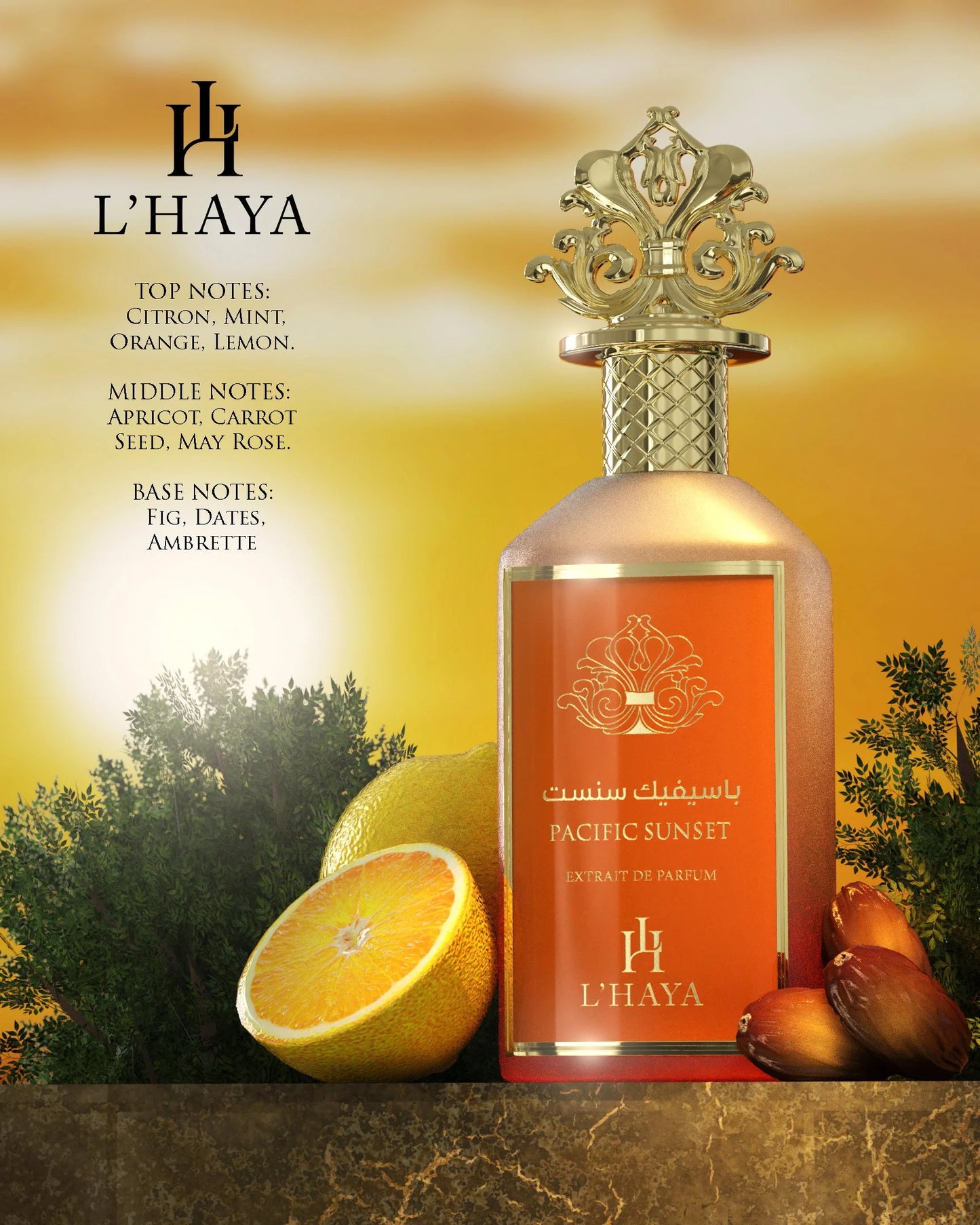 L’HAYA Pacific Sunset Extrait de Parfum bottle unisex fragrance with citrus, apricot, fig and ambrette notes