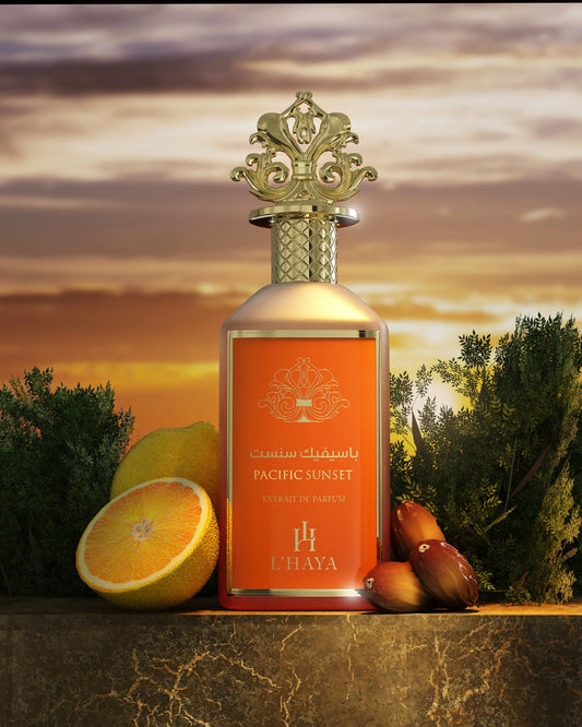 L’HAYA Pacific Sunset Extrait de Parfum bottle unisex fragrance with citrus, apricot, fig and ambrette notes